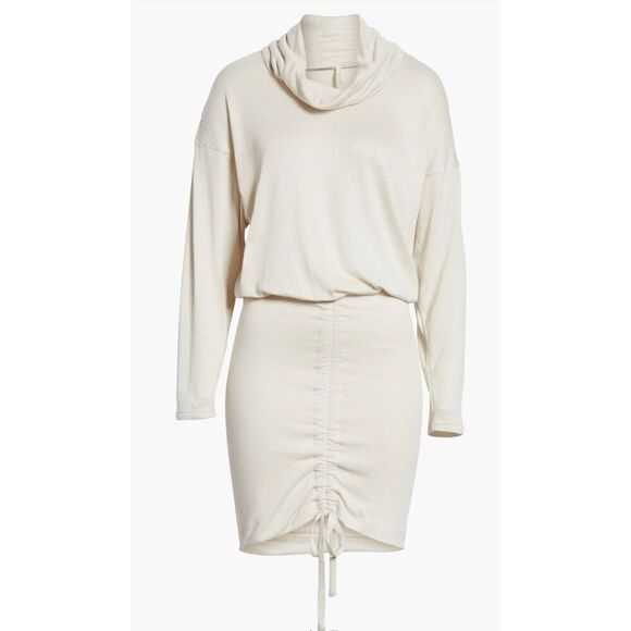 Free People Women’s Large Sundown Mini Dress Natural Ivory Cinched Cowl Neck NEW - Picture 1 of 8